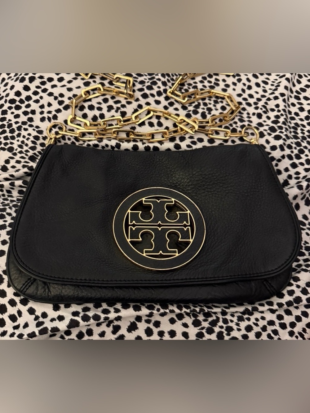 Tory Burch Amanda Reva Black Leather Clutch with Gold Logo and Chain Strap